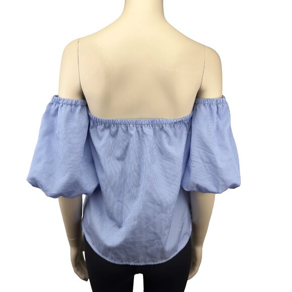 SOPHIE RUE ANTHRO Sailor chic Puff Sleeve Pinstripe Blue White OffShoulder Top M - Picture 3 of 6